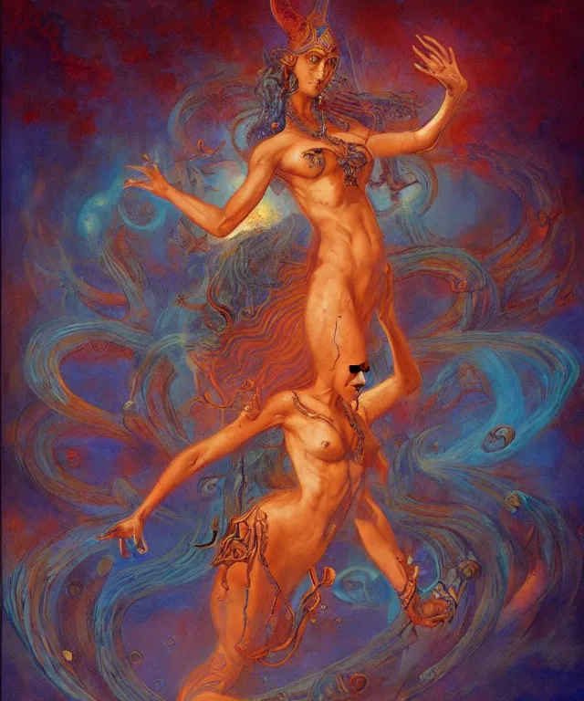 Image similar to blue shiva with dancing, glowing fiery background, in the style of peter mohrbacher, wayne barlowe, gustav moreau, bussiere, roberto ferri, santiago caruso, luis ricardo falero, austin osman spare, colorful