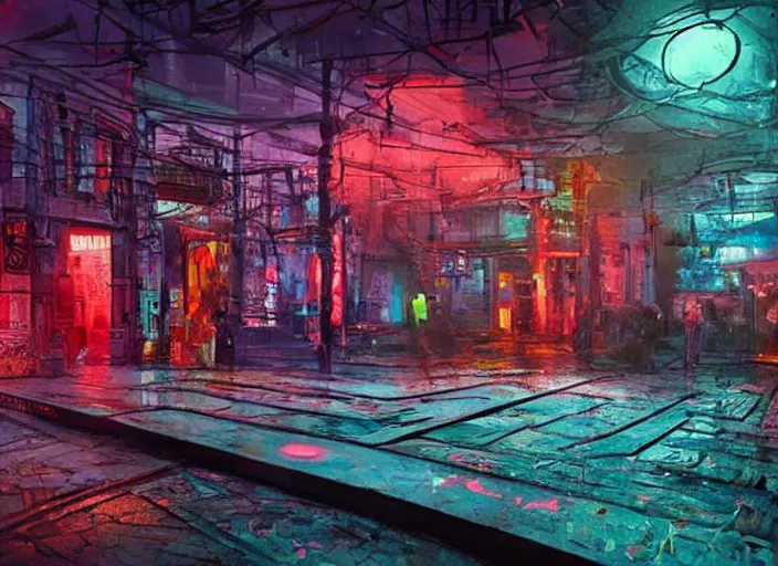 Image similar to an unbelievable dystopian scene, highly detailed, contrasting bright and colours with a hint of neon