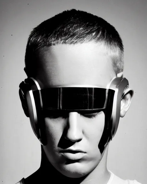 Image similar to young eminem wearing a futuristic mechanical mask with amber eye reflective lenses, and black leather body armor.