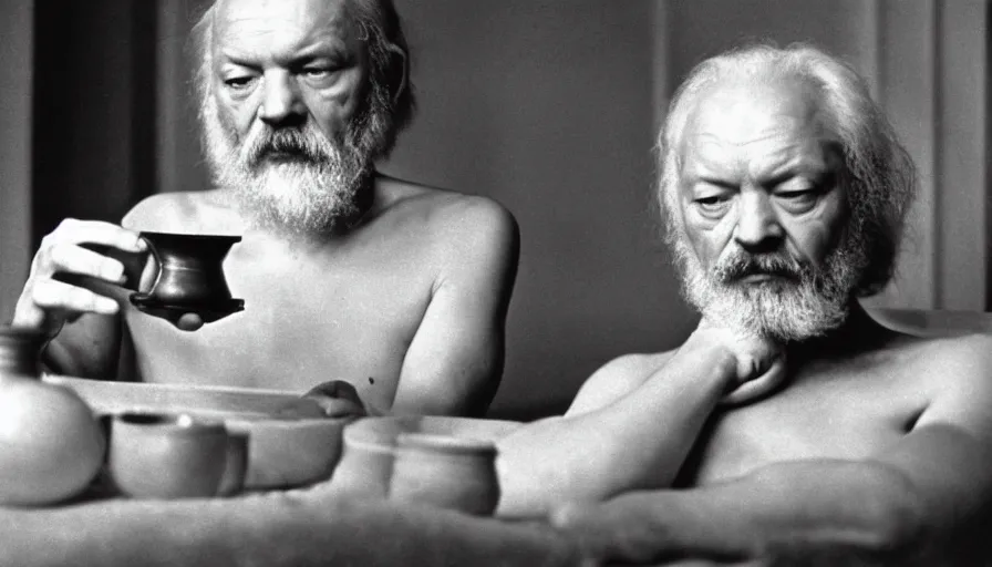 Image similar to 1 9 6 0 s movie still by tarkovsky of an elder socrates drinking a hemlock bowl on a bed in a room with collumns, cinestill 8 0 0 t 3 5 mm b & w, high quality, heavy grain, high detail, panoramic, ultra wide lens, cinematic composition, dramatic light, anamorphic, raphael style, piranesi style