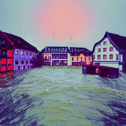 Prompt: 80s vaporwave outrun Album Art of a german town being flooded, retro, grainy, noisy