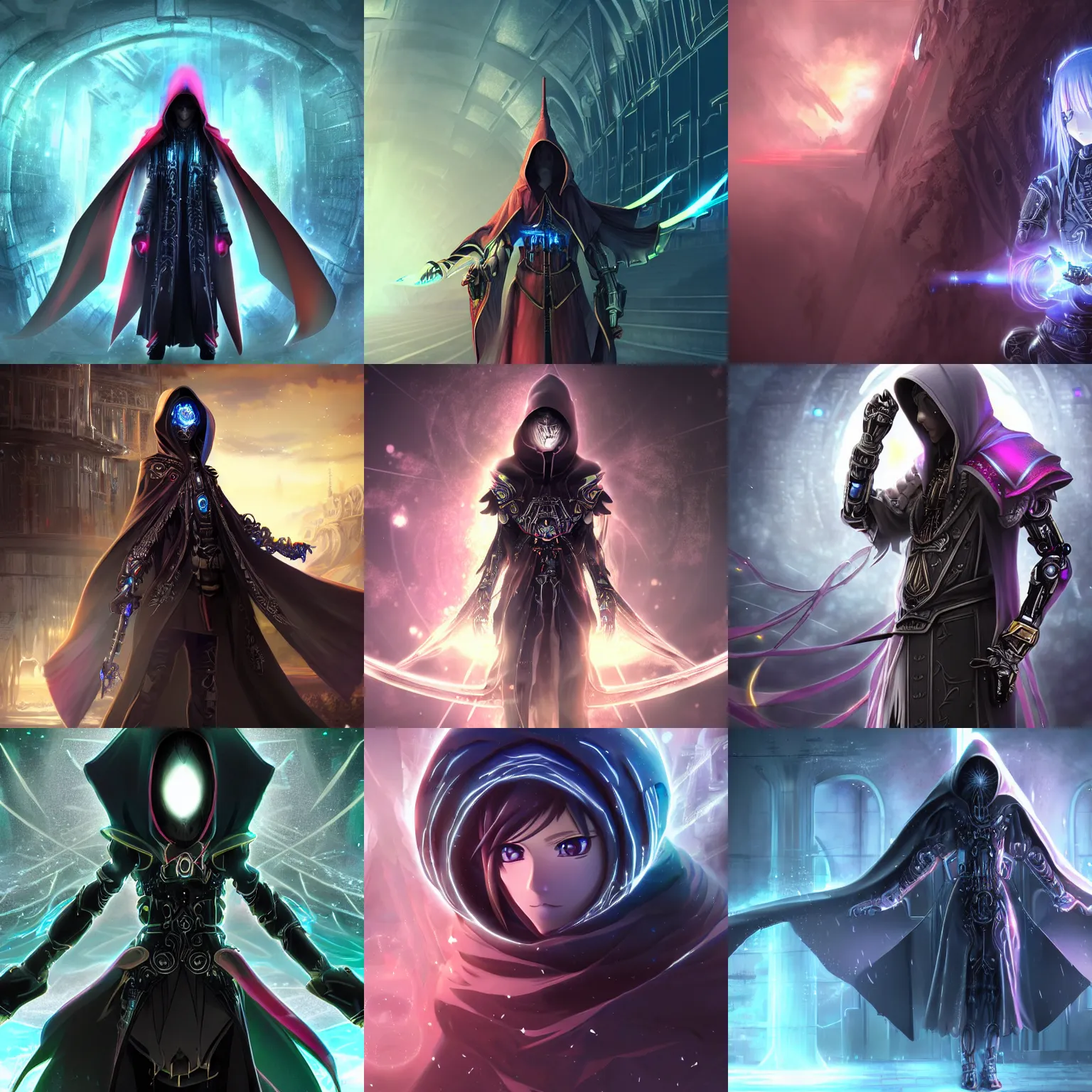 Prompt: 2.5D CGI anime fantasy artwork of a hooded intricate cybernetic sorcerer character with high quality glistening beautiful colors, rich moody dark atmosphere, omnipotent, megastructure background