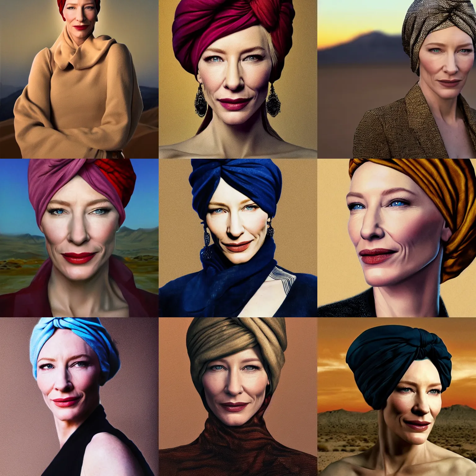 Prompt: hyperrealistic portrait of cate blanchett , wearing a turban, lit by dawn light, desert ,