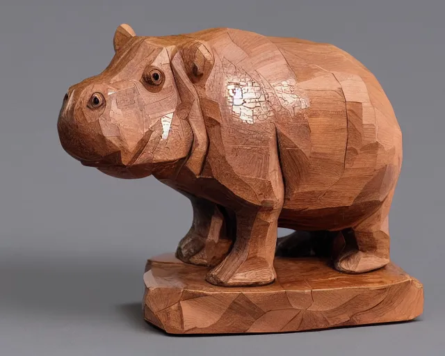 Image similar to a sculpture of hippo baby, half wood carved half resin epoxy, cubic blocks, side view centered