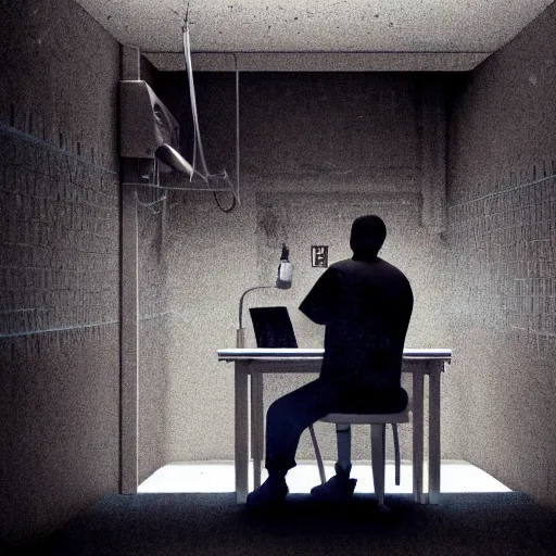 Prompt: cinema 4D cinematic render, ultra detailed, of a person inside a jail cell sitting with a desk and CRT monitor, 4K concept art, detailed, dark setting, cinematic lighting, light shining through the jail cell, casting shadows, trending on art station, old computer monitor, stressful, working, hyper realistic, ultra detailed, unreal engine, 8K post production