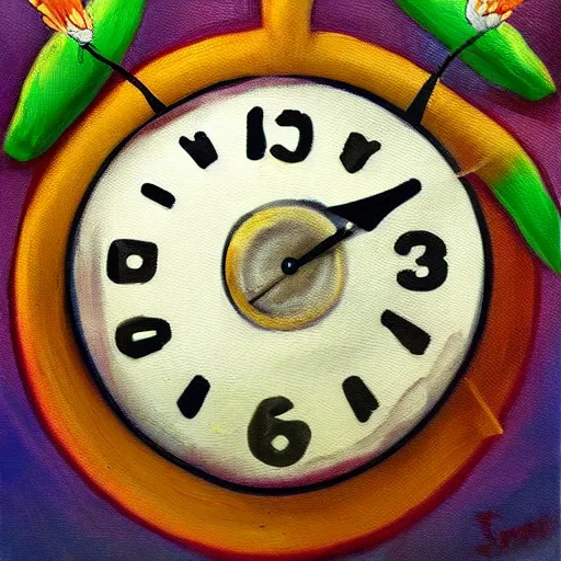 Image similar to oil painting impressionist stopwatch clock and banana arrow flying through the air, ( bugs flies buzzing around ), whimsical, detailed,