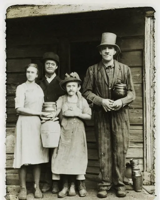 Prompt: “a black and white photograph of a successful Appalachian bootlegging family of four during prohibition, posed on the porch with a jars of moonshine, realistic, vintage, grainy film, 4k”