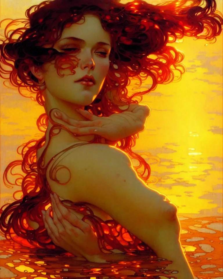 Image similar to sea of glossy liquid honey drops flowing like translucent amber, backlit, sunset, refracted lighting, art by collier, albert aublet, krenz cushart, artem demura, alphonse mucha