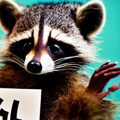 Prompt: closeup photo of furry baby raccoon astronaut holding a sign that says hello, octane, hyper detailed,