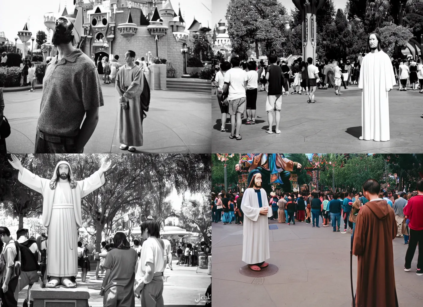 Prompt: Jesus Christ at Disneyland, praying to Park Jae-sang to forgive his sins, 35mm subject photography