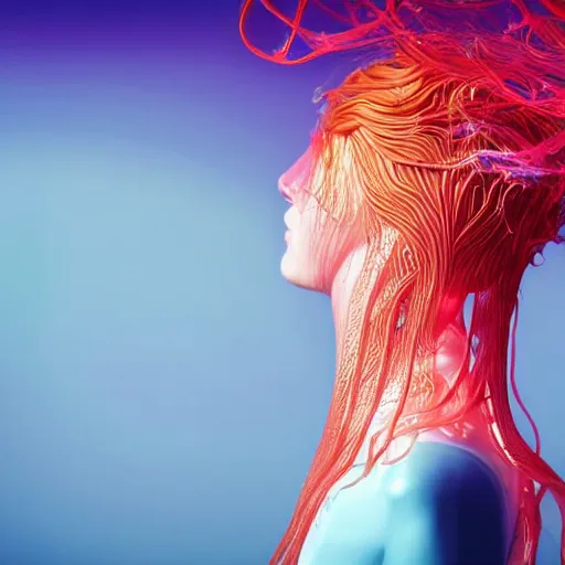 Prompt: flume and former cover art future bass girl un wrapped statue bust curls of hair petite lush side view body photography model full body curly jellyfish lips art contrast vibrant futuristic fabric skin jellyfish material metal veins style of Jonathan Zawada, Thisset colours simple background objective