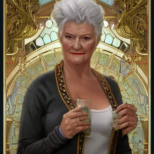 Image similar to amazing lifelike award winning pencil illustration of pat butcher behind the bar in the Queen Vic pub trending on art station artgerm Greg rutkowski alphonse mucha cinematic