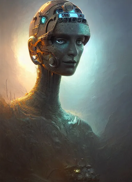 Image similar to Portrait of an Ancient Robot on a clearing, extremly detailed digital painting, in the style of Tomasz Alen Kopera and Fenghua Zhong and Peter Mohrbacher, mystical colors, rim light, beautiful lighting, 8k, stunning scene, raytracing, octane, trending on artstation