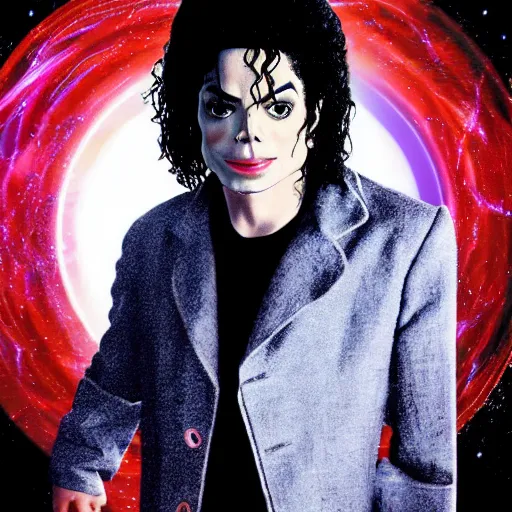 Image similar to a full body photograph of michael jackson as'doctor who ', time vortex in the background, detailed face, symmetrical face, extreme realism and detail, 8 k, completely framed, direct lighting, 3 5 mm photo, photorealistic, sharp focus