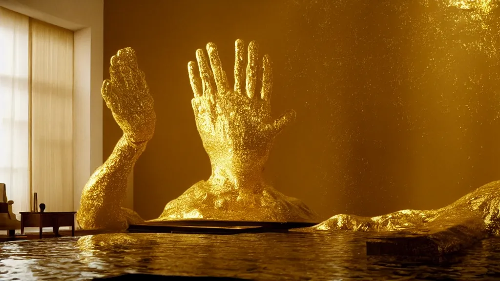Prompt: a giant hand made of gold and water floats through the living room, film still from the movie directed by Denis Villeneuve with art direction by Salvador Dalí, wide lens