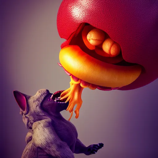 Image similar to beautiful digital fantasy illustration of alien fruit, a creepy dog attacking a stuffed animal, octane render, detail texture, unreal engine, 8 k, photographic quality, ultra hyper realistic quality