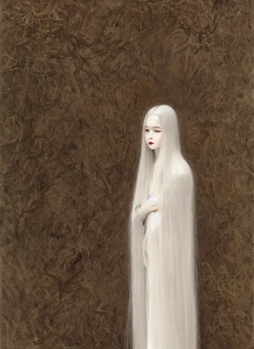 Prompt: tall thin young wan beautiful angel, silver hair so long, pale!, long silver hair, silver angel wings, wan adorable korean face, silver hair!!, style of fernand khnopff and lucien levy - dhurmer, oil on canvas, 1 8 6 2, 4 k resolution, aesthetic!,