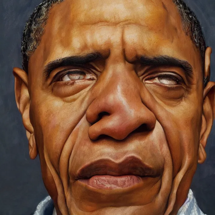 Image similar to hyperrealistic close up studio portrait of aging old Barak Obama age 103 wrinkled sorrowful, oil painting by Ivan Albright and Lucian Freud and Ron Mueck, trending on artstation Studio lighting hyperrealism