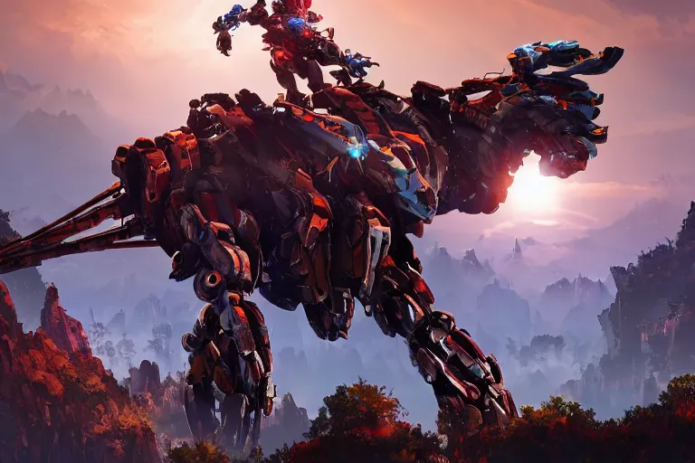 Image similar to strider machine mecha animal beast robot of horizon forbidden west horizon zero dawn bioluminiscence global illumination ray tracing hdr fanart arstation by sung choi and eric pfeiffer and gabriel garza and casper konefal