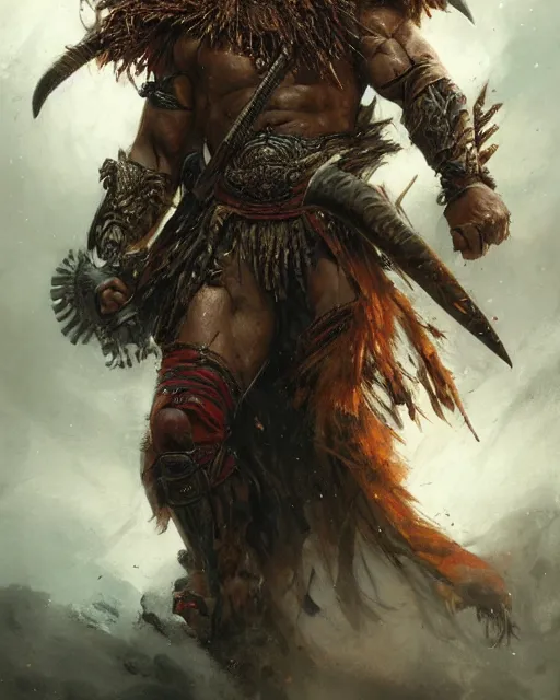 Image similar to Official photo of a majestic fierce barbarian man, leader, strong, highly detailed, cinematic, 16k, 1080s, by Stanley Artgermm, Tom Bagshaw, Greg Rutkowski, Vincent di Fate, Carne Griffiths, Ayami Kojima, WLOP, trending on DeviantArt, hyper detailed, full of color, digital art,