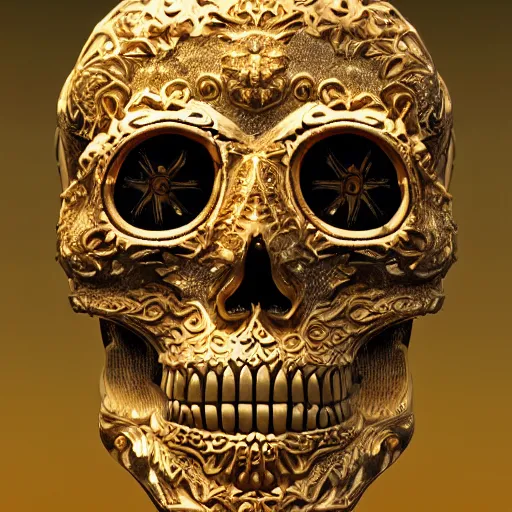 Prompt: a highly detailed photographic render of intricately carved golden sugar skull, intricate golden ornament, gilding, horror, dark fantasy, beautifully lit, ray traced, octane 3D render in the style of Gerald Brom and James Gurney