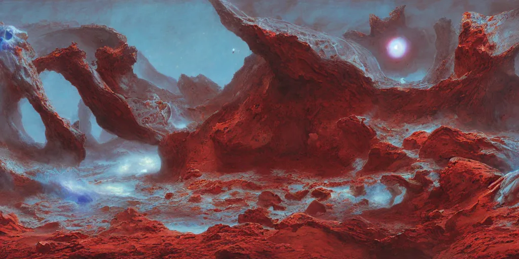 Image similar to supernova, alien surface planet, asteroids and fallings stars, volcano, lava river, red desert mars, painted by ruan jia, raymond swanland, lawrence alma tadema, zdzislaw beksinski, norman rockwell, jack kirby, tom lovell, alex malveda, greg staples