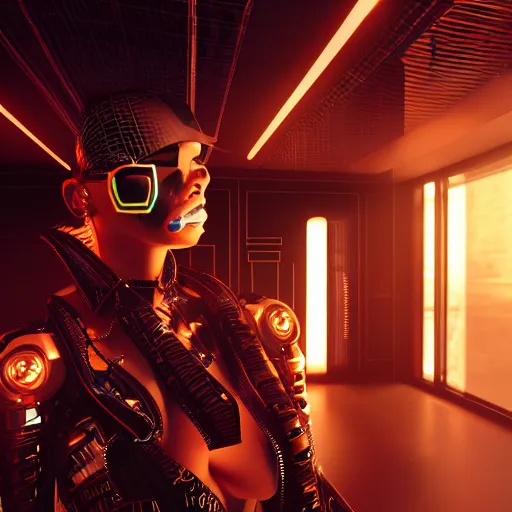 Image similar to futuristic cyberpunk inspired avant-garde art, deco fashion, highly detailed, photorealistic portrait, bright studio setting, studio lighting, crisp quality and light reflections, unreal engine 5 quality render