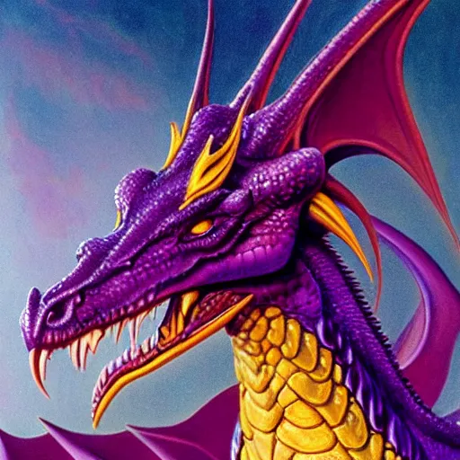 Image similar to purple and gold dragon by Boris Vallejo ultra detail