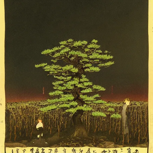 Image similar to a surreal painting of a bleak forest of small japanese bonsai trees on fire, smoke in the sky, people standing around screening and running, ominous, in the style of goya