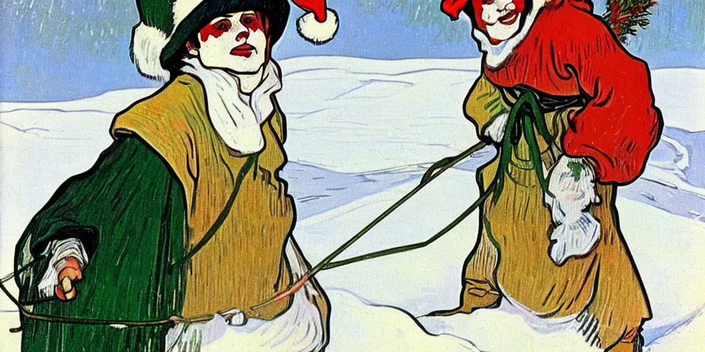 Prompt: sledding christmas pepes the handsome delicate beautiful male clown wearing stylish modest! clown clothes and sledding in the snow in winter, masculine high fashion, elegant, clear, painting, stylized, delicate, soft facial features, delicate facial features, art by alphonse mucha, vincent van gogh