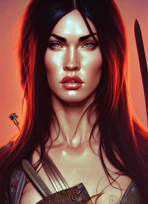 Image similar to portrait of megan fox as samurai, asian, katana, blossom, silk, japan, intricate, headshot, highly detailed, digital painting, artstation, concept art, sharp focus, cinematic lighting, illustration, art by artgerm and greg rutkowski, alphonse mucha, cgsociety