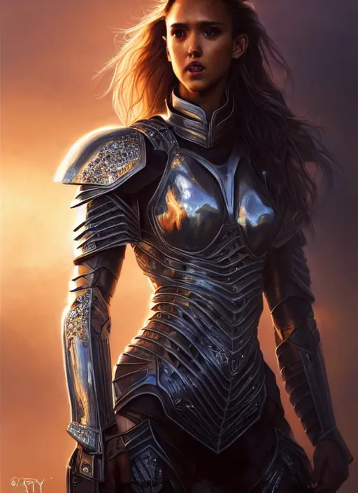 Prompt: portrait of a beautiful female soldier from the future wearing armor, jessica alba, intricate, elegant, glowing lights in armor, highly detailed, digital painting, artstation, glamor pose, concept art, smooth, sharp focus, illustration, epic angle, art by artgerm and greg rutkowski, artey freytag, alvin schwartz