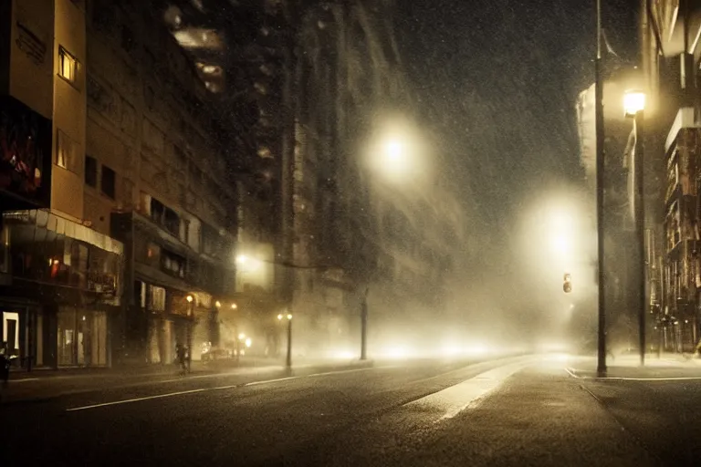 Image similar to vfx woman black super hero photo real, city street night lighting, rain and fog by Emmanuel Lubezki