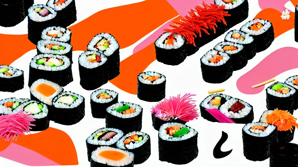 Image similar to an arrangement of sushi, a collage painting, in the style of wes anderson, lola dupre, david hockney, isolated on negative white space background dark monochrome neon spraypaint accents volumetric octane render