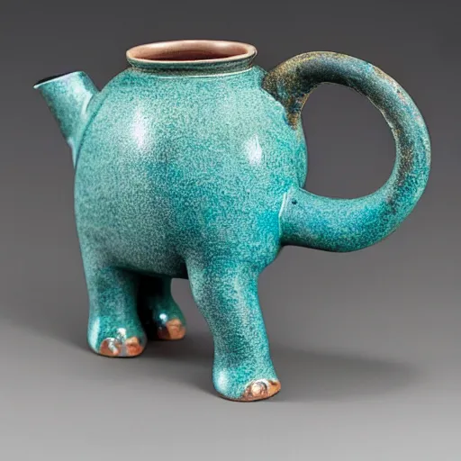 Prompt: raku elephant tea set, horse hair, raku metallic, turquoise, mottled, crackle, spot lit, deep color, translucent, tilt shift