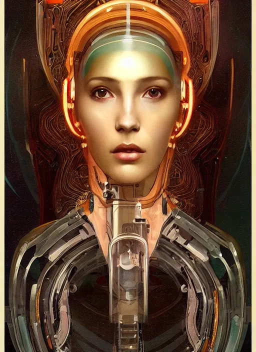 Image similar to portrait of a beautiful female android, coy, circuitry visible in head, in the style of ex machina, karol bak, alphonse mucha, greg rutkowski, award winning, hr giger, artstation,