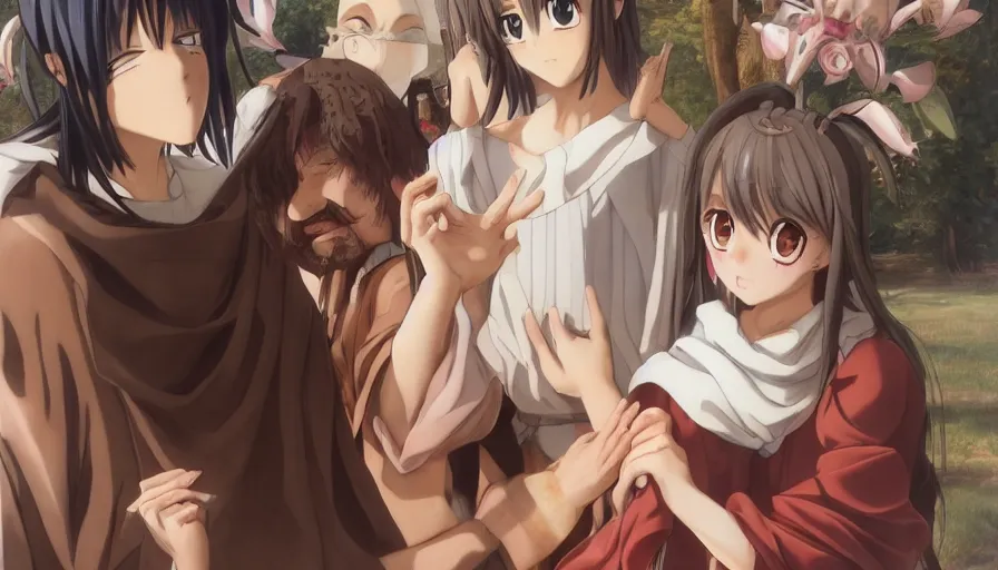 Image similar to jesus christ our lord and savior blessing a cute anime girl, photorealistic, anime, mini skirt, renaissance painting, hyper real, detailed, wide angle shot