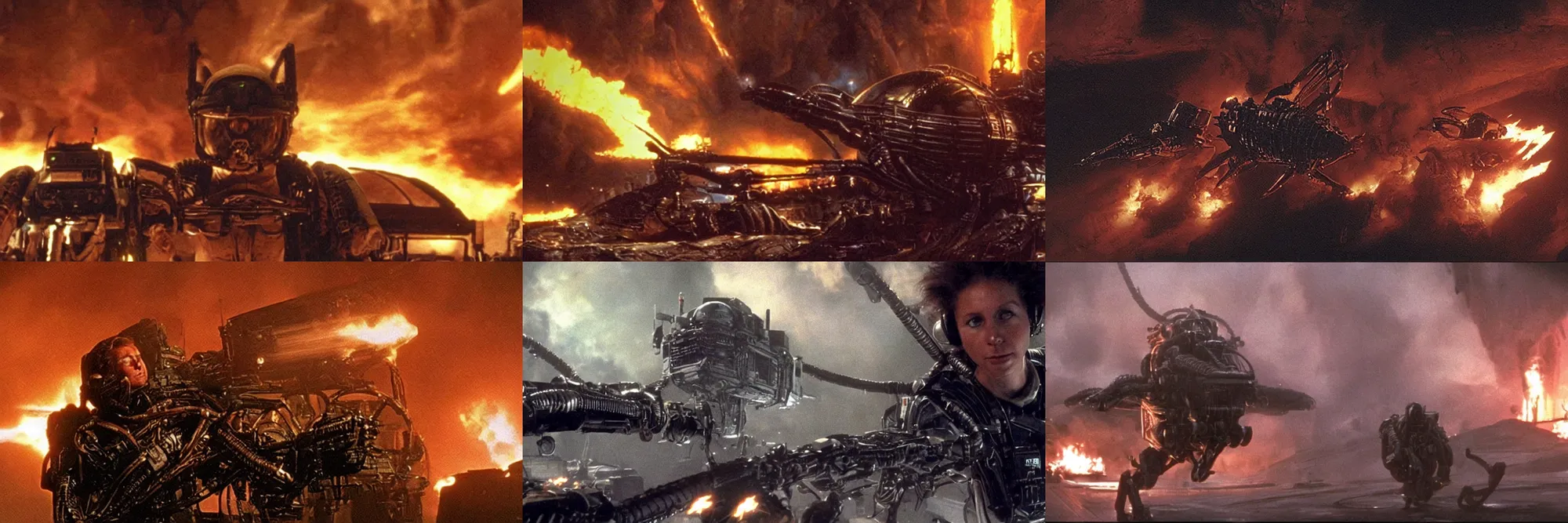 Prompt: Cat Colonial Marine Dropship pilot in the film Aliens, by James Cameron, cinematic lighting, flames in background