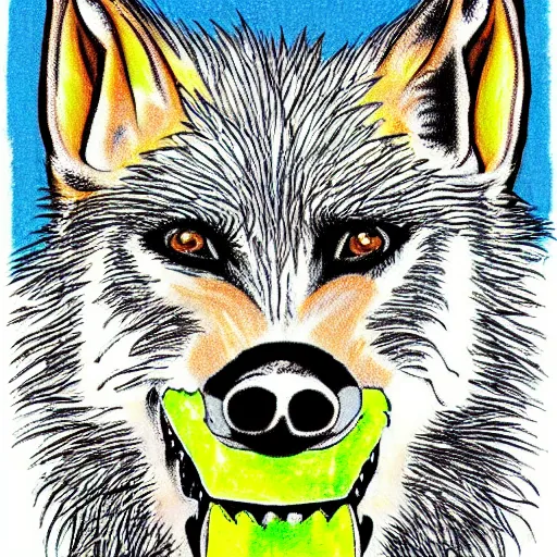 Image similar to portrait of retarded wolf, retard, rabies propaganda style, vivid colors, detailed