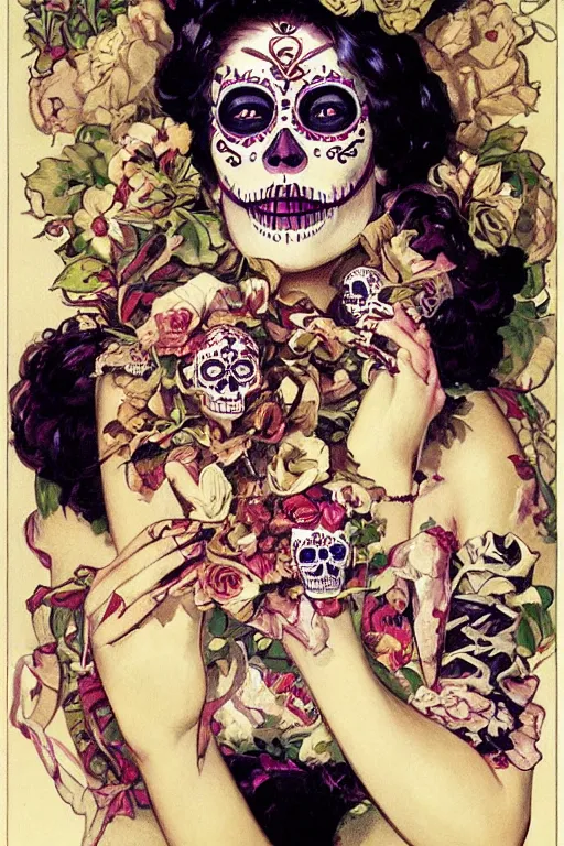 Prompt: illustration of a sugar skull day of the dead girl, art by j c leyendecker