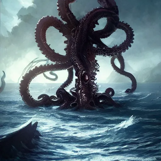 Image similar to a kraken with multiple eyes, tentacles rising from the sea, exploded ship, magic the gathering art, art by greg rutkowski, fantasy rpg, league of legends