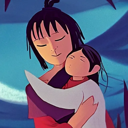 Prompt: kubo from kubo and the two strings, hugging his mother, surrounded by origami cranes