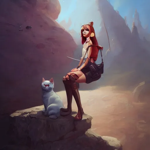 Image similar to a painting of a person sitting on a rock with a cat and a plane at the side, an ultrafine detailed painting by mandy jurgens, featured on deviantart, fantasy art, 2 d game art, ilya kuvshinov, steampunk