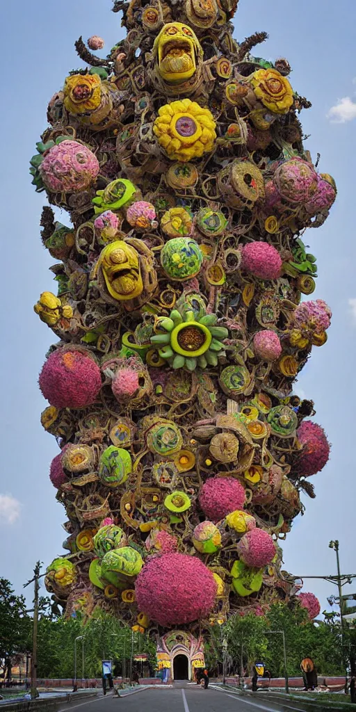 Image similar to colossal psyhedelic alien predator flower made from worst unfulfilled mankind projects in the middle of abandoned post soviet constructivist cityscape, Stalinist architecture, ultradetailed, Intricate by Niruyoshi Ohrai and Hayao Miyazaki and Josan Gonzalez and Makoto Shinkai and Giuseppe Arcimboldo and Wes Anderson