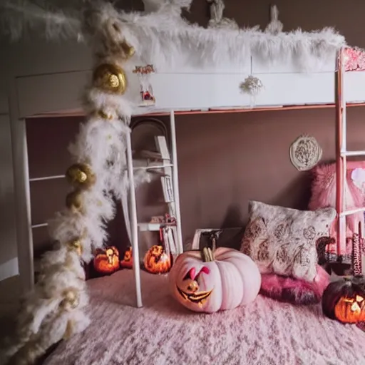 Image similar to a pink and gold bedroom with halloween themed christmas decorations, loft bed, books, throw rug, cushions, gamer, relaxing, real life, high resolution, kawaii