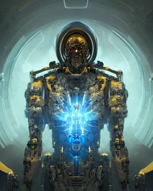 Image similar to benevolent cyborg necromancer, scifi, futuristic, helpful, kind, intelligent, alien room background, white, blue, gold, highly detailed, trending on artstation, soft light, holy machine, advanced technology, art by vitaly bulgarov and nivanh chanthara