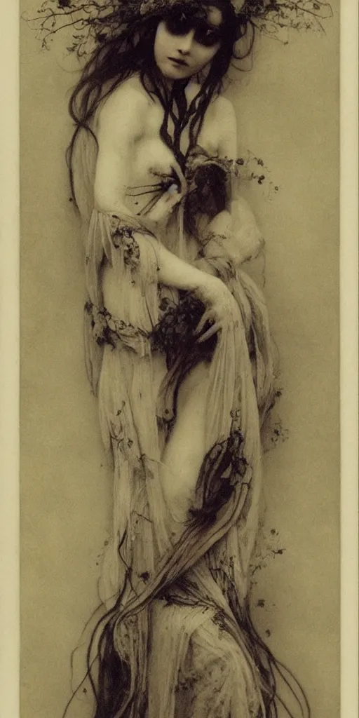 Prompt: beatiful haunting sensual cryptid woman, by emil melmoth, by alphonse mucha