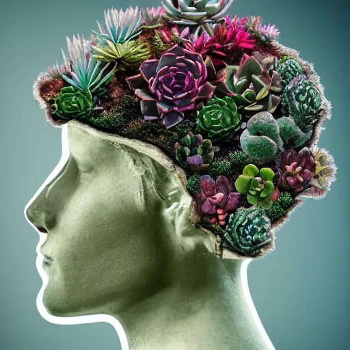 Prompt: succulents and cactus growing inside a human head side on made out of glass, 8 k detailed photograph, unreal engine, trending on artstation, emotional surrealist art, very very beautiful