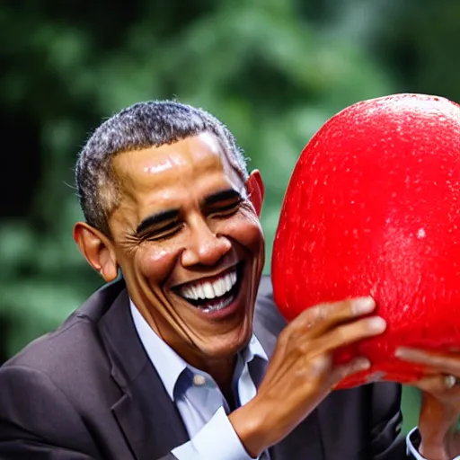 Image similar to portrait photo of Obama finding a giant red mushroom, exhilarated, portrait, closeup. mouth open, 30mm, bokeh