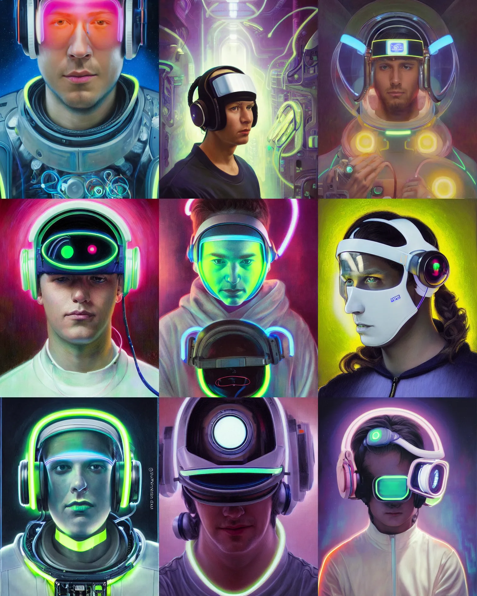 Prompt: future coder looking on, glowing visor over eyes and sleek neon headphones, neon accents, desaturated headshot portrait painting by donato giancola, dean cornwall, rhads, edmund dulac, alex grey, alphonse mucha, astronaut cyberpunk electric fashion photography white stubble 8 5 mm